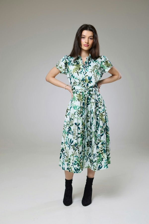 Isha's Timeless collection Flourish Green Flora Short Sleeve Shirt Dress