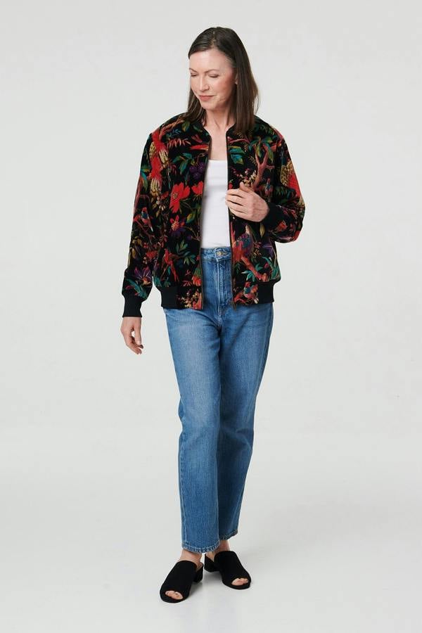 Black | Tropical Print Relaxed Zip Front Jacket