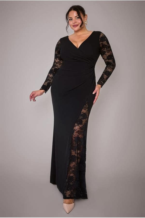 Scuba & Lace Wrap Maxi Dress - Black DR4366PLUS