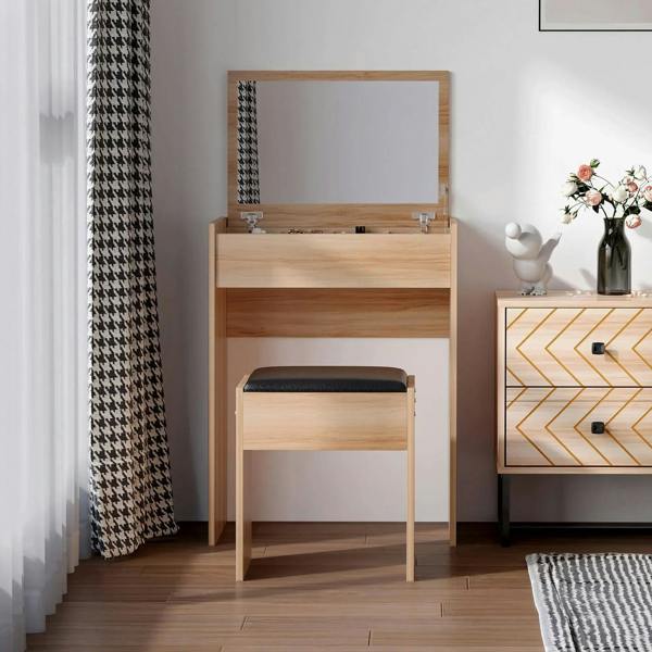 Wood vanity makeup table with flip-up mirror and padded stool, front view