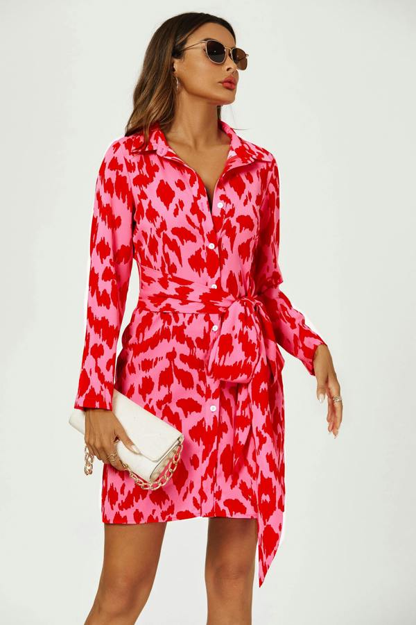 FS Collection Abstract Print Shirt Mini Wrap Dress In Pink