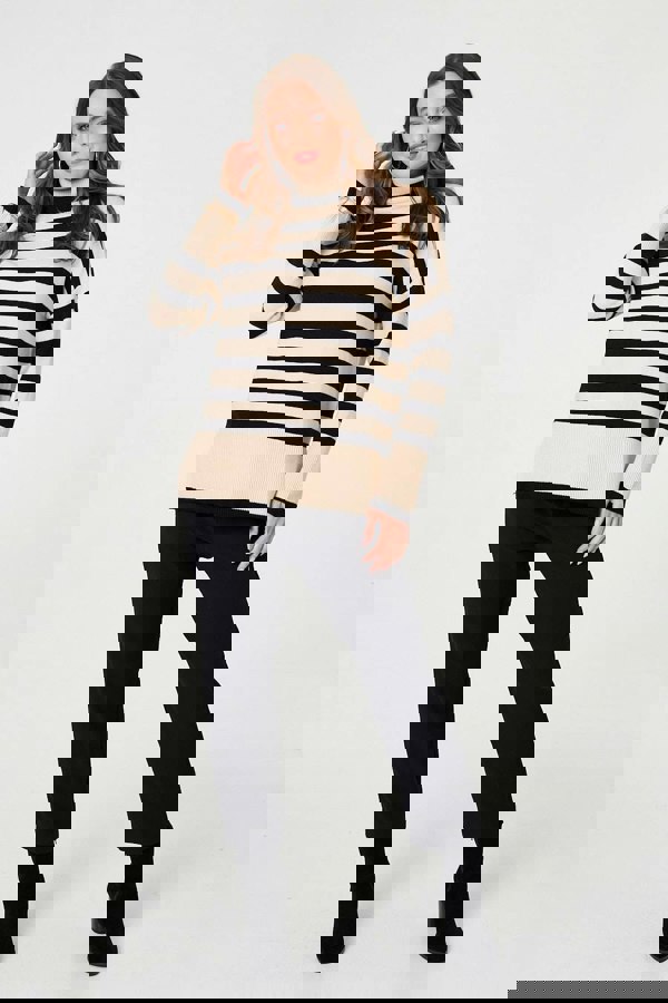 Beige | Striped Relaxed Roll Neck Jumper
