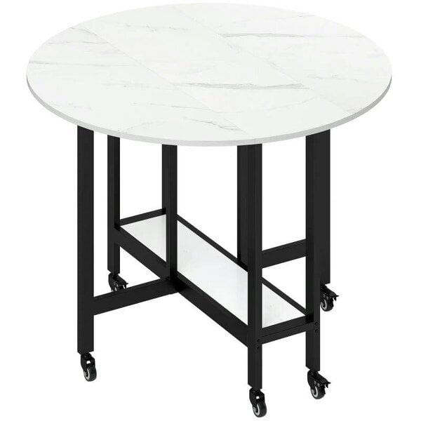 Folding Dining Table, Drop Leaf Table with Open Shelf, Rolling Kitchen Table for Dining Room, Small Spaces, White Marble