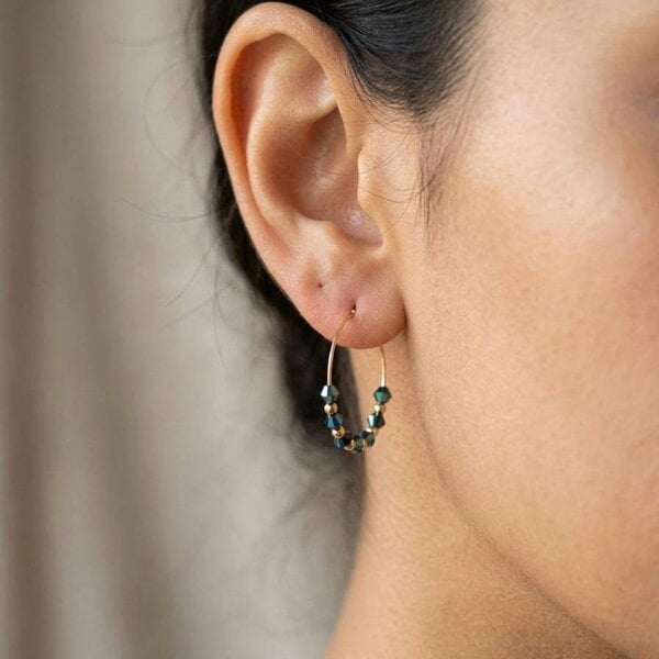 The Colourful Aura Gold Red Beaded 30mm Huggie Multicolour Dainty Boho Summer Hoop Bali Earring - Blue
