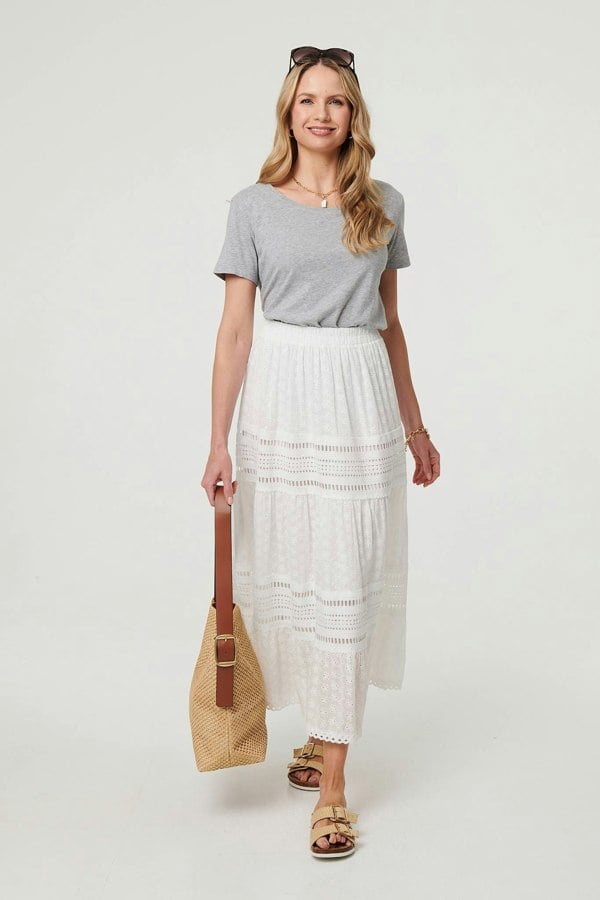 White | Lace Trim High Waist Tiered Maxi Skirt
