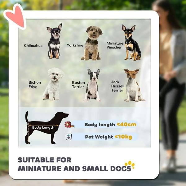 Pet stroller suitability chart showing small dog sizes with breed illustrations and measurements