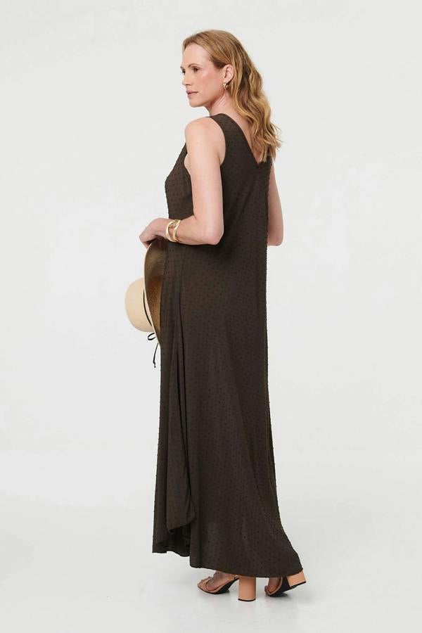 Brown | Polka Dot Textured Sleeveless Maxi Dress