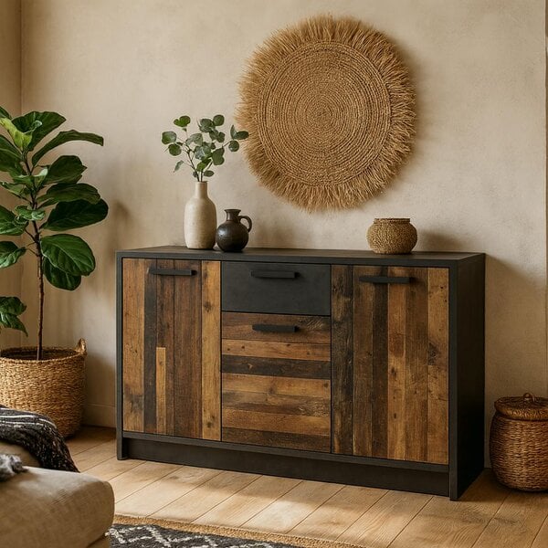 Wyld Haus Whimwick Walnut and Dark Matera Grey Cabinet 3 Doors 1 Drawer