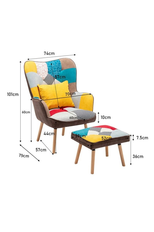 Living and Home Colorful Multi-pattern Patchwork Accent Chair Wingback Sofa with FootStool and Cushion