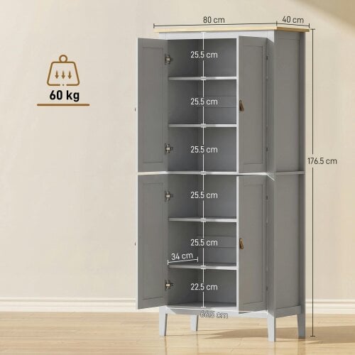 HOMCOM 176.5 cm Tall Freestanding Pantry Storage Cabinet with 4 Doors Grey