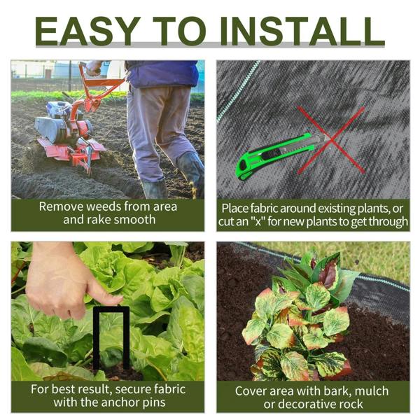 Black weed control membrane fabric shown around plants for ground coverage