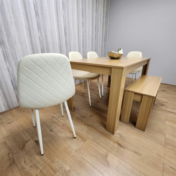 Kosy Koala Wooden Dining Table Set for 6 Oak Effect Table With 4 Cream Gem Patterned  Chairs and 1 Bench