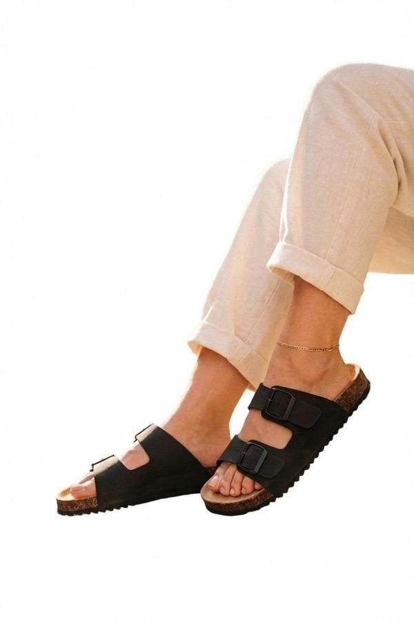 Harper Womens Double Buckle Cork Slide Sandals - LIGHT BROWN_wb