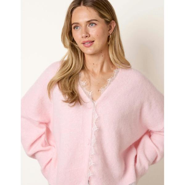 Blue Vanilla Lace Trim V Neck Knitted Cardigan