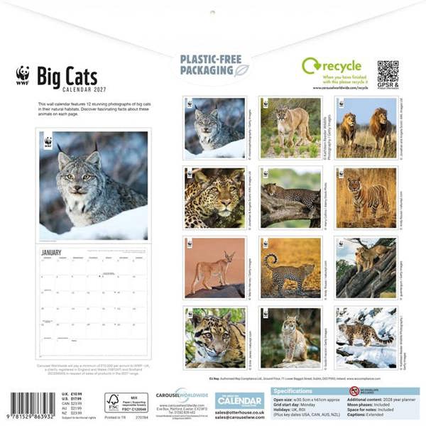 WWF, Big Cats Calendar 2027, Wall Calendars, Month To View, Animals, Gift