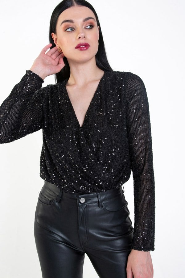 Gini London Black Sequin Wrap Long Sleeves Bodysuit