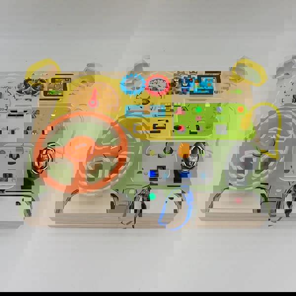 Dyzi Natural Wood Car Driving Steering Wheel Montessori Busy Board with LED Lights, Engine Sounds