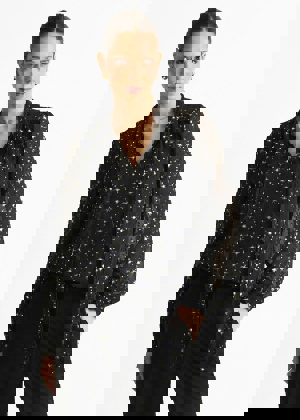 Gini London Black Dobby Star Chiffon Tie Neck Blouse