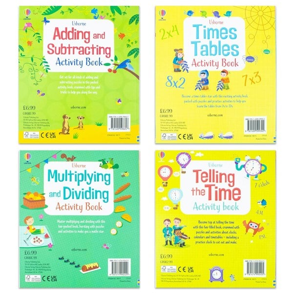 Educational Workbooks 4 Book Set: Addition & Subtraction, Times Tables, Telling the Time & More