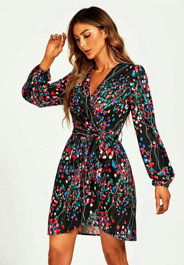 FS Collection Abstract Floral Print Wrap Mini Dress In Black