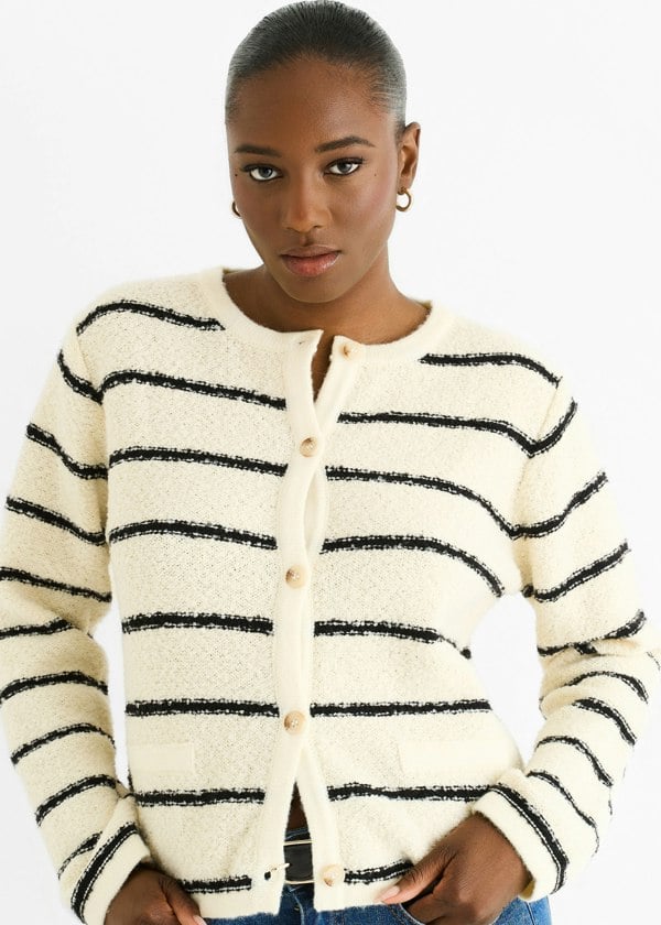 Gini London Cream Stripe Boucle Recycle Knit Cardigan