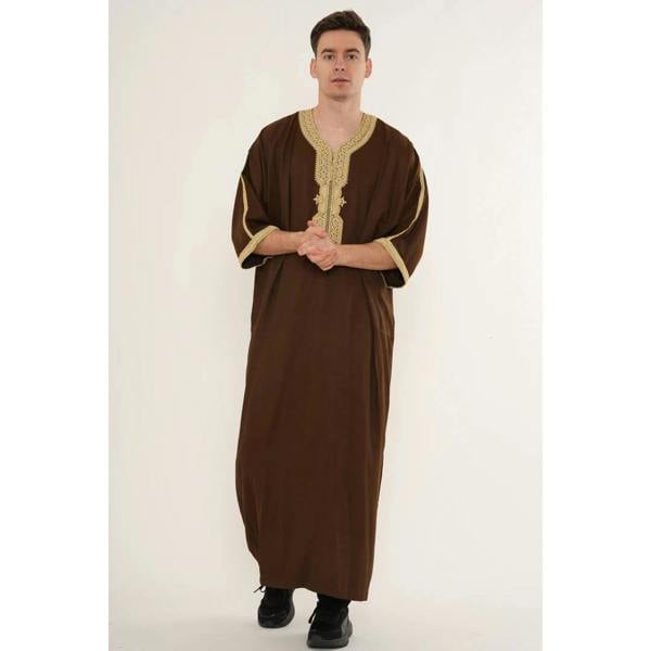 Men's Half Sleeve Embroidery Moroccan Thobe - Brown Beige - Thobez - 18