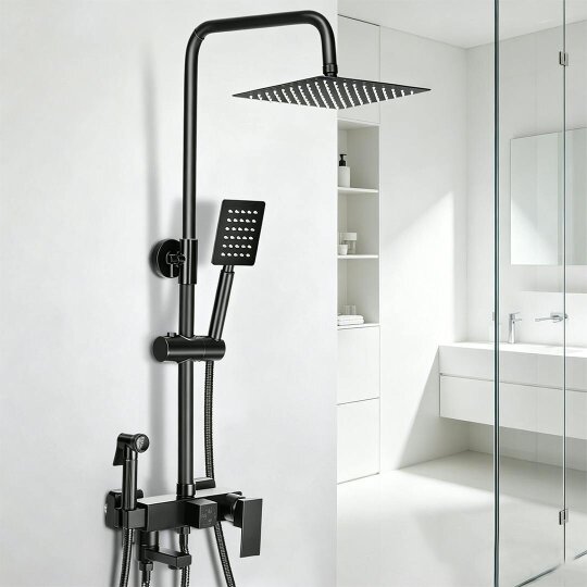 Havendro Black Bathroom Thermostatic Exposed Shower Mixer Twin head Large Square Bar Set