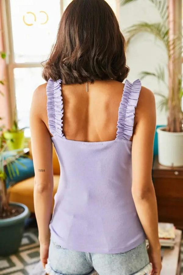 Hoxton Gal Ruffled Strap Stretch Ribbed Blouse