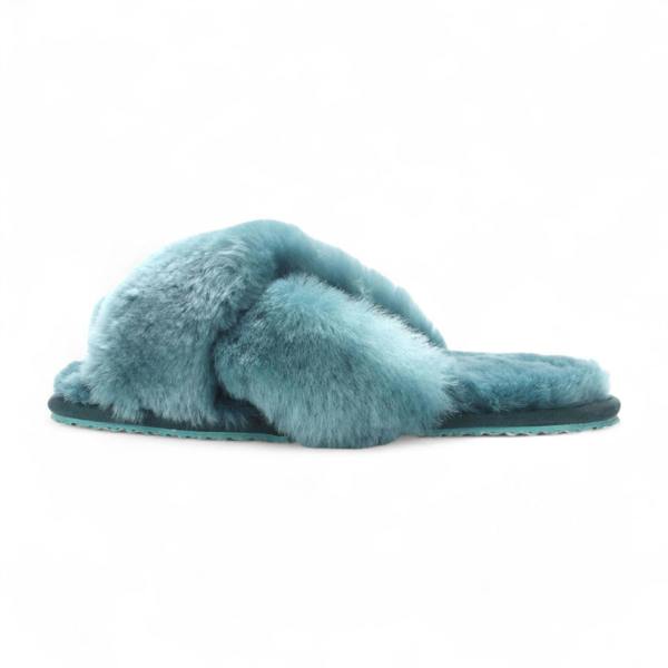 Infinity Leather Women's Sheepskin Slippers Teal Warm Winter Fur Crossover - Snowbelle