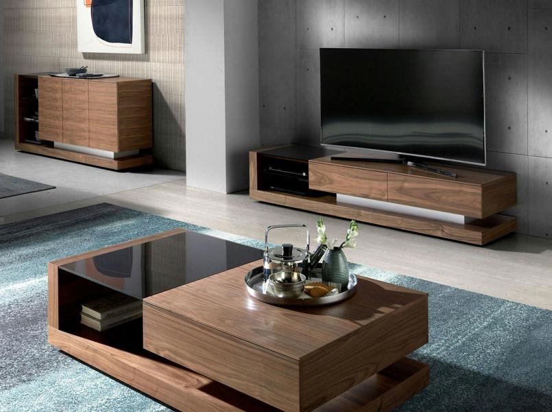 Angel Cerdá TV cabinet walnut, polished steel and black glass top 3139