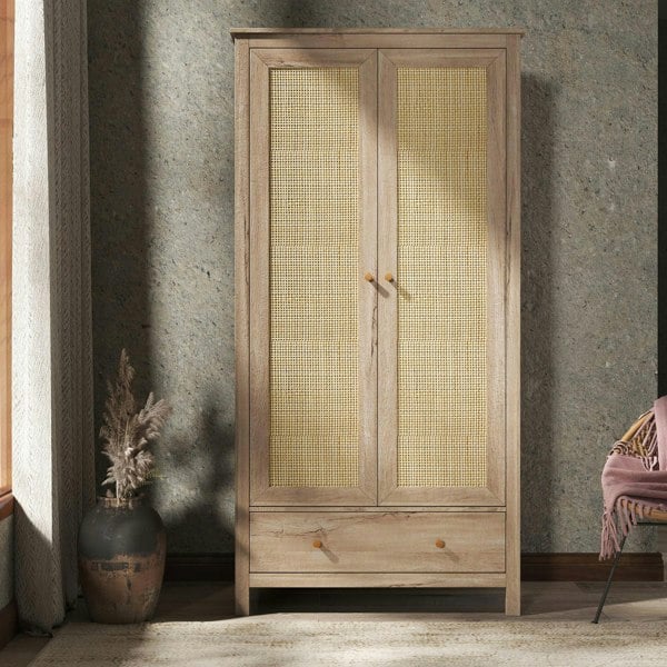 Swish Furniture Willow Rattan 2 Door Double Wardrobe with 1 Drawer