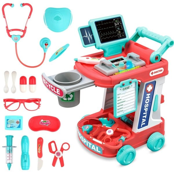 deAO Toys 22Pcs Educational Pretend Medical Station Set Doctor Children Role Play Trolley Set Gift for Kids age 3+