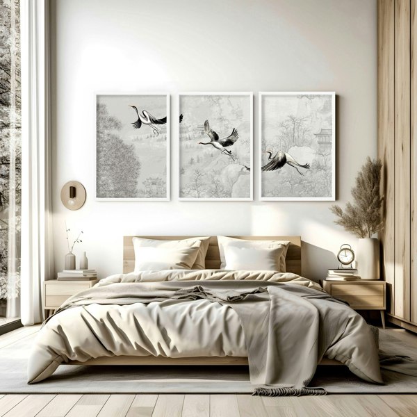 Japanese crane art | set of 3 Bedroom wall prints