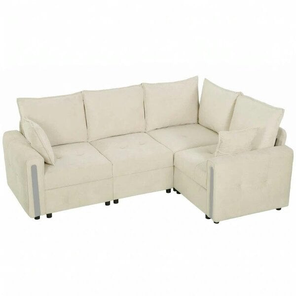 228cm L Shaped Sofa with Lift-Up Storage, 3-Seater Sectional Sofa with Wide Deep Seat, Beige