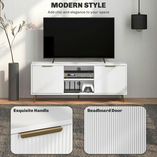 Wyld Haus Lamo 120cm Wooden White TV Stand 2 Etched Doors and Shelf For Screens Up To 55 Inches