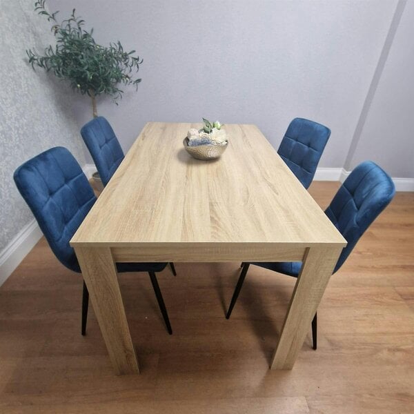 Kosy Koala Oak Effect Wood Dining Set Table with 4 Blue Velvet Chairs Kitchen Furniture