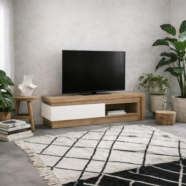 Wyld Haus Hjorring Natural Oak Wood and White Gloos 1 Drawer TV Cabinet Open Shelf