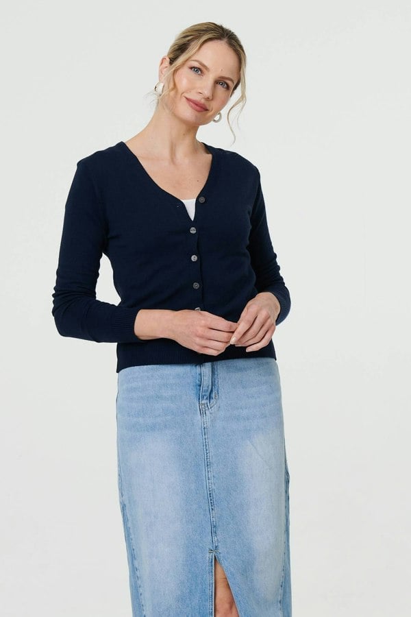 Navy | Cropped Button-Up Slim Knit Cardigan
