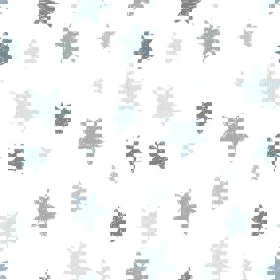 Grey and blue abstract stars on a white background, children's bedroom and nursery decor. Big Little Bedrooms. Free Shipping. 