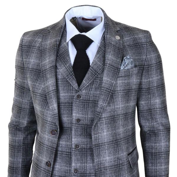 Infinity Leather Men's Formal Grey Tweed  3 Piece Check Vintage Gatsby Style Suit