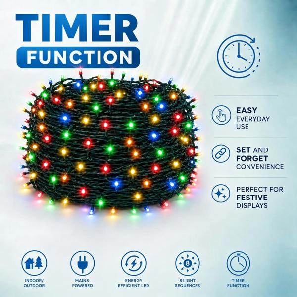 Multicolour Fairy String Lights with 8 Modes, Mains Power, Memory and Auto Timer, Green Cable, 300 to 1000 LED Options image 5