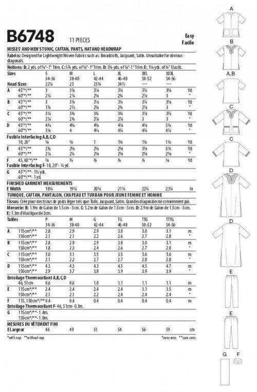 Butterick Sewing Pattern 6748, Tunics, Caftans, Headwear, Trousers for Women, Men, XM (S-M-L) - Easy