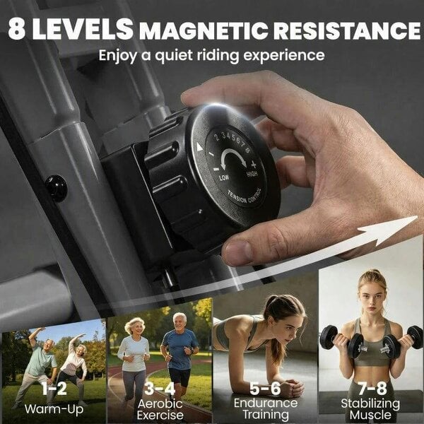 4-In-1 Folding Exercise Bike with Resistance Bands, Bluetooth App, 8-Level Magnetic Resistance, LCD Display, Grey