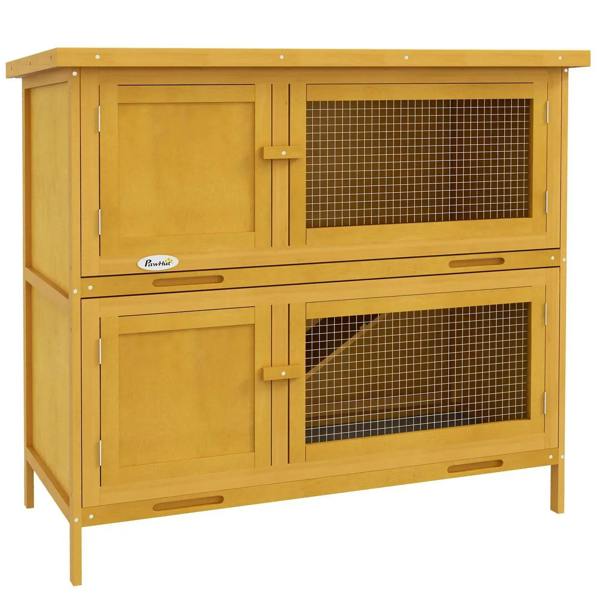 Yellow two-tier rabbit hutch with wire mesh doors and front sliding-out tray openings