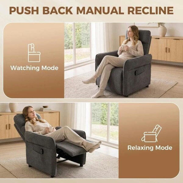 Recliner Armchair, Push Back Recliner Chair with Massage & Heat, Adjustable Armrests, Dual Side Pockets, Dark Grey