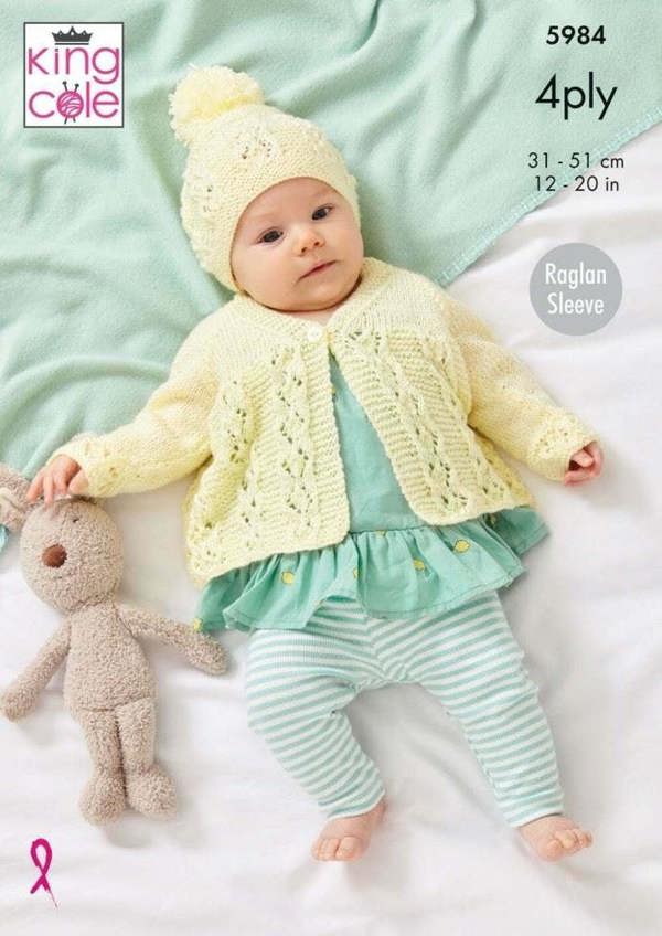 King Cole Cherished 4 Ply Knitting Pattern 5984, Jackets, Cardigans, Headwear for Baby, 12 - 20 Inches