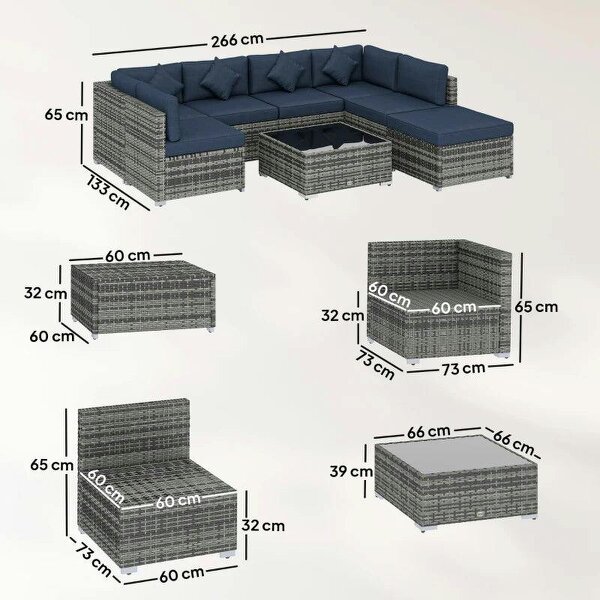 8 Pieces PE Rattan Corner Sofa Set, Outdoor Garden Furniture Set, Patio Wicker Sofa Seater with Cushion, Dark Blue