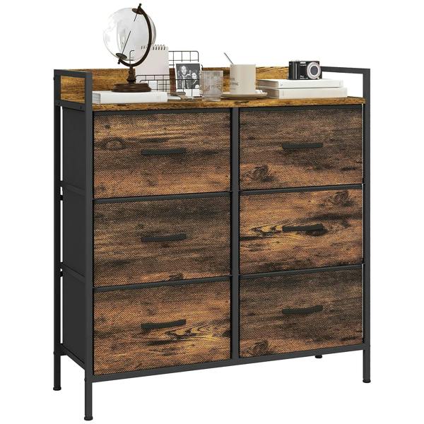 Rustic brown fabric drawer chest with black steel frame and six front drawers