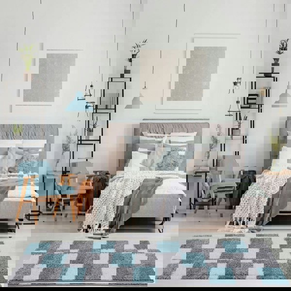 Geometric Design Thick Shaggy Area Rugs Duck Egg Blue