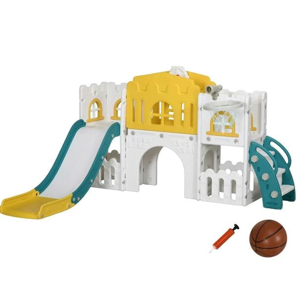 Yellow and teal toddler slide playset with basketball hoop, molded plastic play area